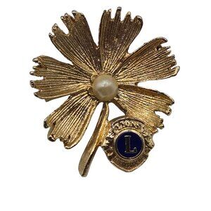 VTG Lions Club Int. Gold Tone Souvenir Pin Lapel Floral Faux‎ Pearl Brooch